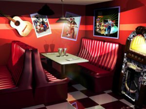 fifties-restaurant-interior-styled-bench-seats-musical-images-walls-checkerboard-floor-40135524